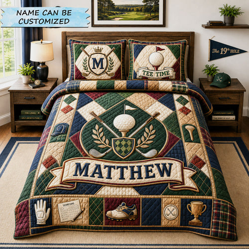 Personalized Golf Crest Patchwork 3-Piece Quilted Bedding Set QTCUZ GFTOHNL1317