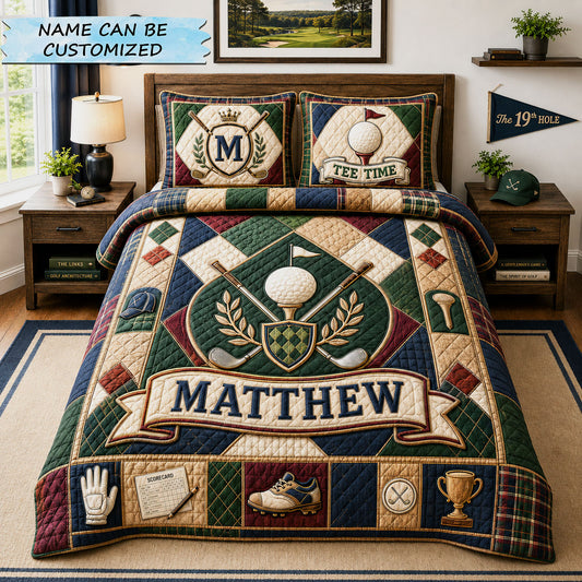 Personalized Golf Crest Patchwork 3-Piece Quilted Bedding Set QTCUZ GFTOHNL1317