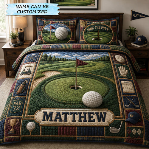 Personalized Sink The Putt Golf 3-Piece Quilted Bedding Set QTCUZ GFTOHNL1318