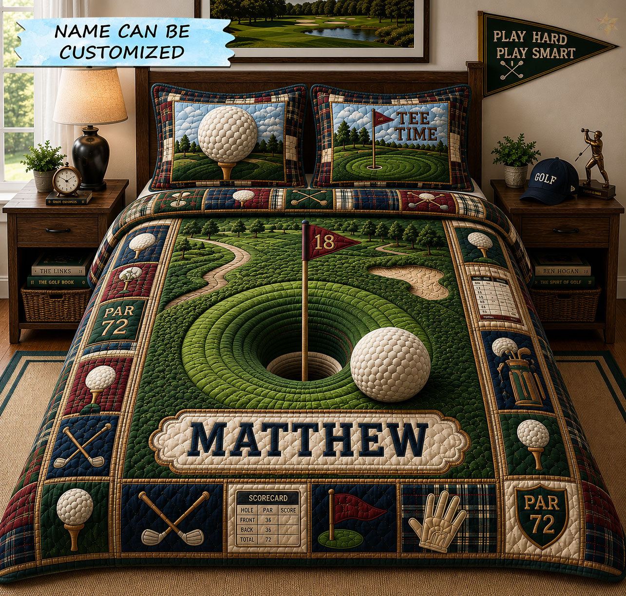 Personalized 18th Hole Golf 3-Piece Quilted Bedding Set QTCUZ GFTOHNL1319