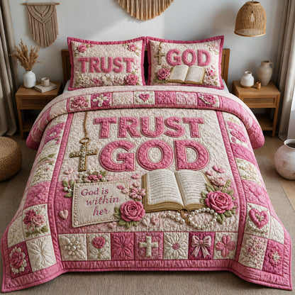 God Is Within Her Pink Floral Christian 3-Piece Quilted Bedding Set GFTOHNL1338