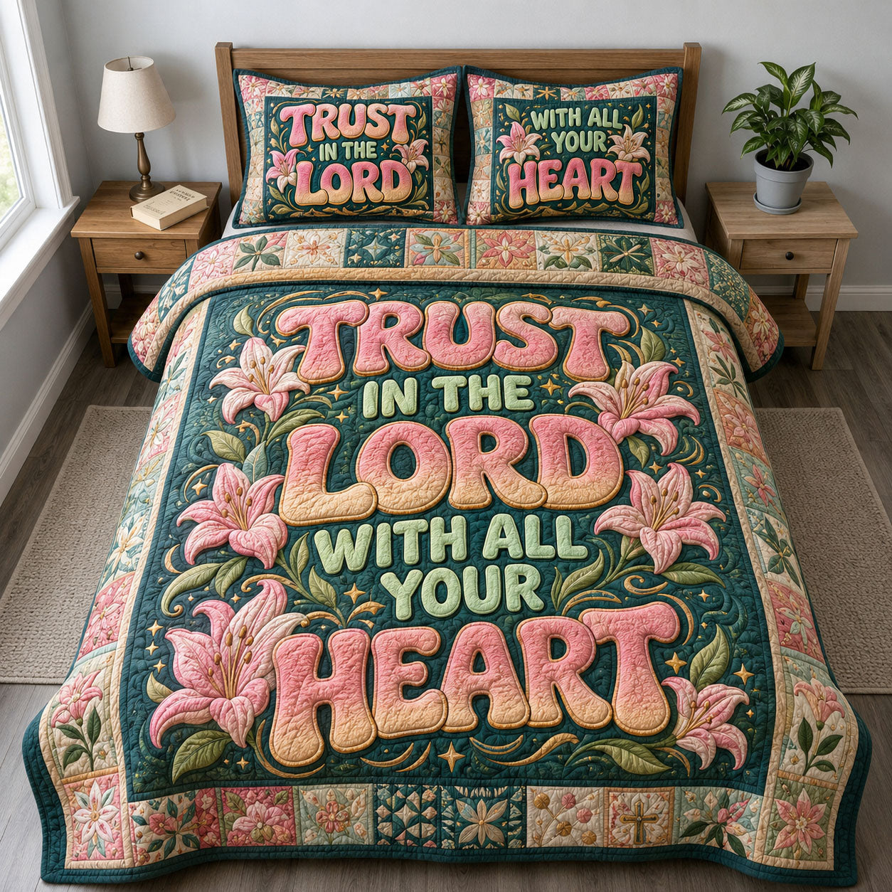 Pink Lily Christian Trust In The Lord 3-Piece Quilted Bedding Set GFTOHNL1339