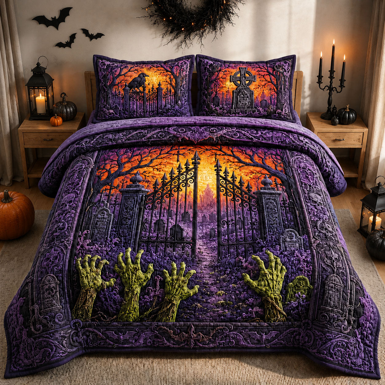 Zombie Hands Graveyard Sunset 3-Piece Quilted Bedding Set GFTOHNL1344