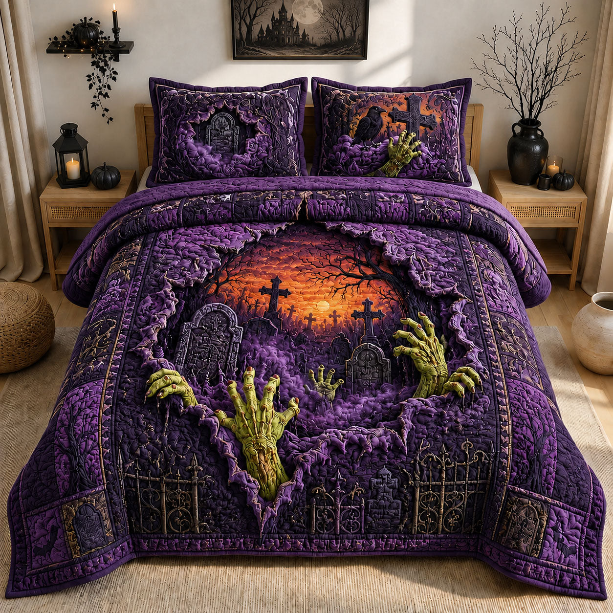 Zombie Hands Graveyard Sunset 3-Piece Quilted Bedding Set GFTOHNL1345