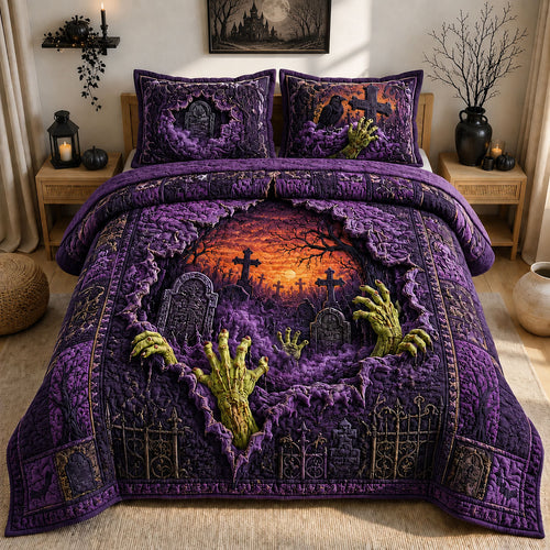 Zombie Hands Graveyard Sunset 3-Piece Quilted Bedding Set GFTOHNL1345