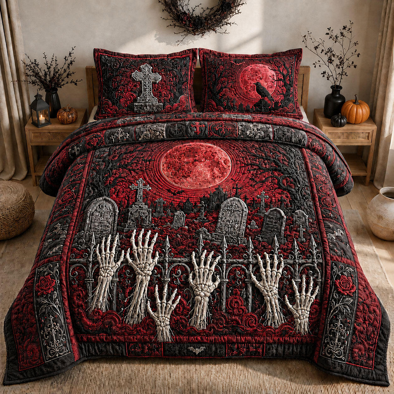 Zombie Hands Graveyard Sunset 3-Piece Quilted Bedding Set GFTOHNL1346