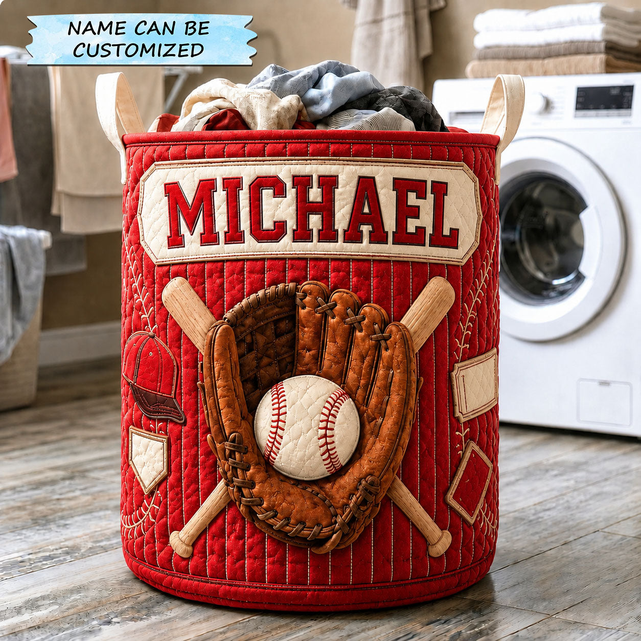 Personalized Baseball Red Glove Classic Quilted Laundry Basket QTCUZ GFTOHNL1420