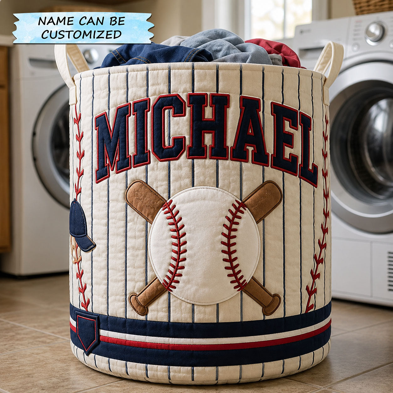 Personalized Baseball Pinstripe Slugger Quilted Laundry Basket QTCUZ GFTOHNL1421