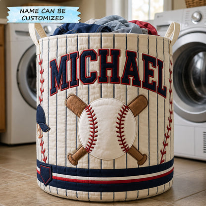 Personalized Baseball Pinstripe Slugger Quilted Laundry Basket QTCUZ GFTOHNL1421