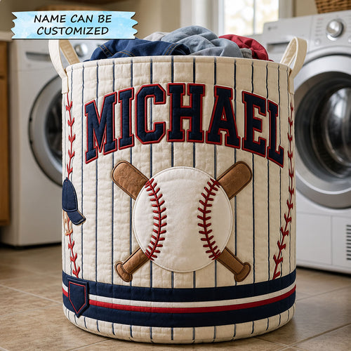 Personalized Baseball Pinstripe Slugger Quilted Laundry Basket QTCUZ GFTOHNL1421