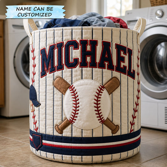 Personalized Baseball Pinstripe Slugger Quilted Laundry Basket QTCUZ GFTOHNL1421