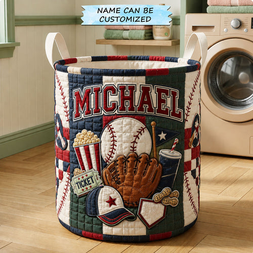 Personalized Baseball Ballpark Patchwork Quilted Laundry Basket QTCUZ GFTOHNL1423