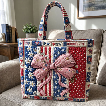 Patriotic Pink Bow Patchwork Quilted Tote Bag GFTOHNL143