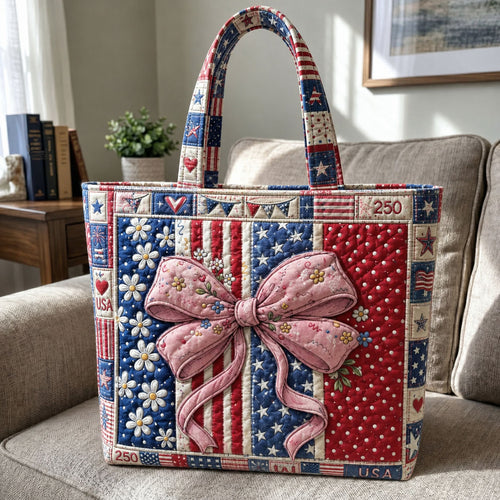 Patriotic Pink Bow Patchwork Quilted Tote Bag GFTOHNL143