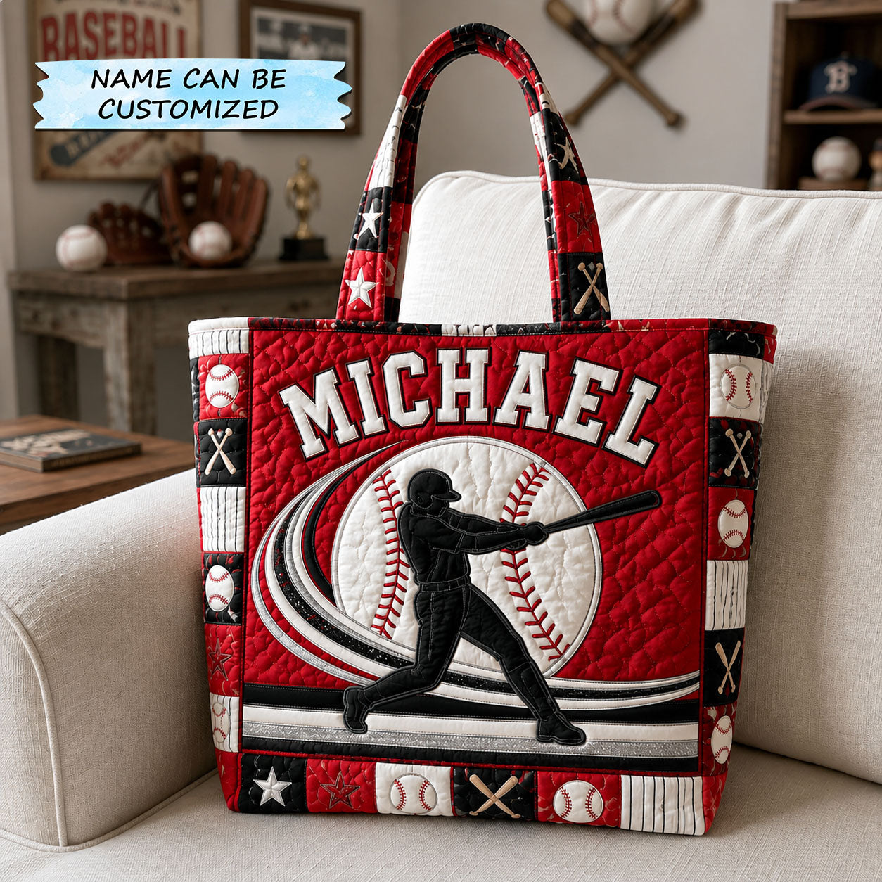 Personalized Baseball Player Silhouette Quilted Tote Bag QTCUZ GFTOHNL1437