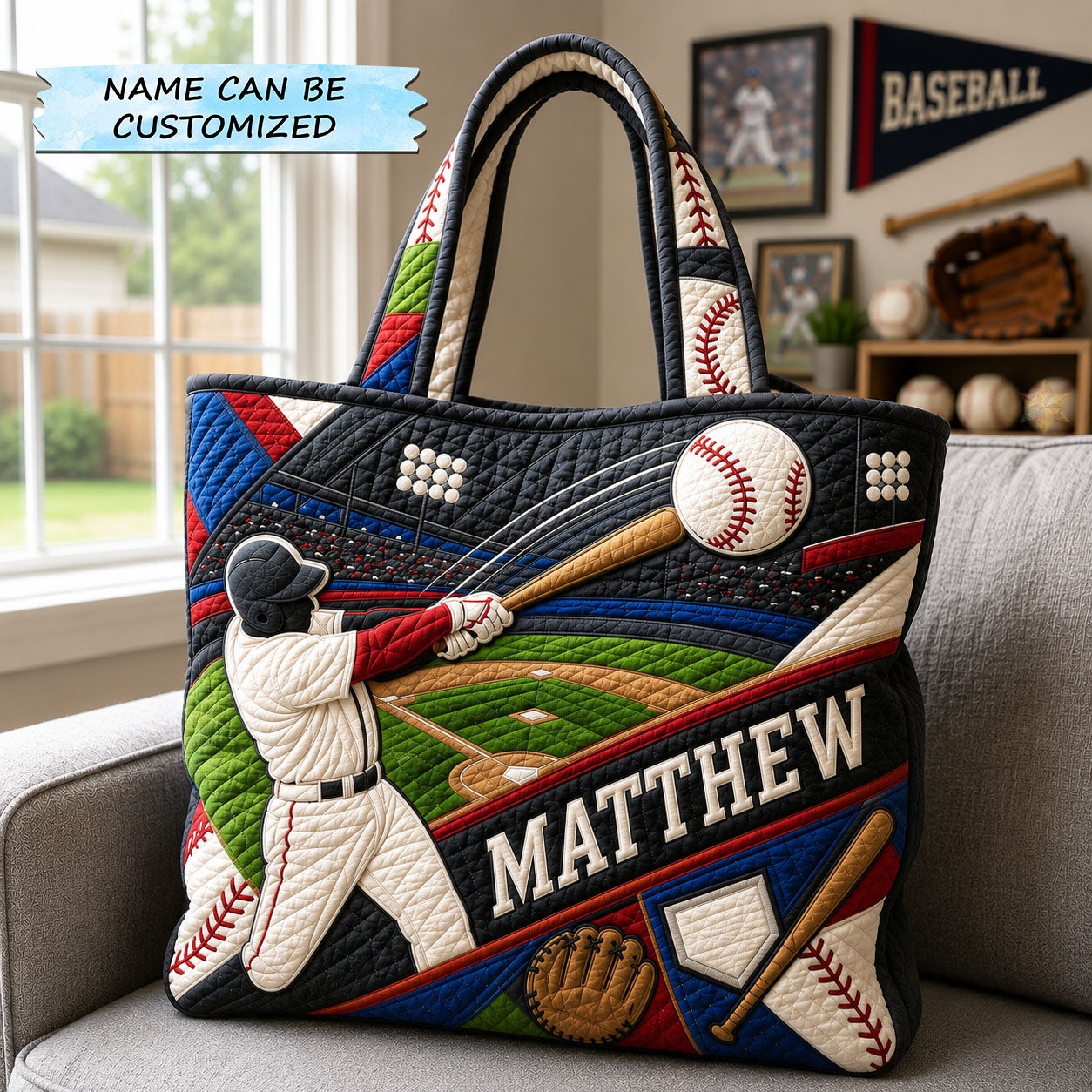 Personalized Baseball Batter Field Quilted Tote Bag QTCUZ GFTOHNL1439