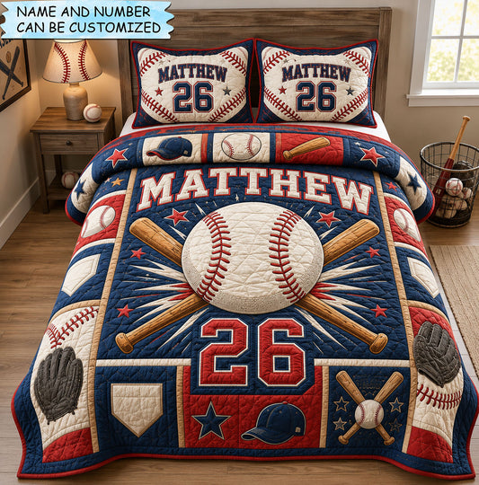 Personalized Baseball Home Run 3-Piece Quilted Bedding Set QTCUZ GFTOHNL1455