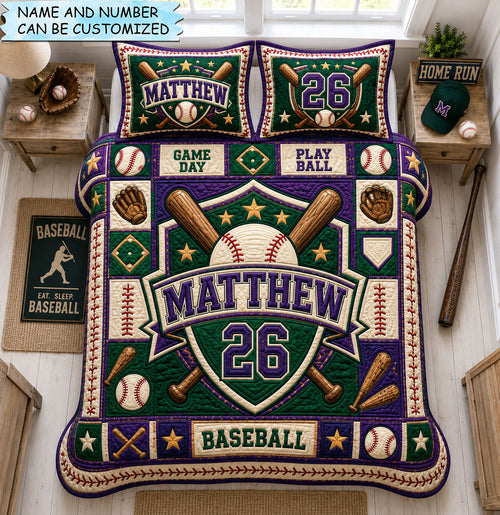 Personalized Baseball Green Varsity 3-Piece Quilted Bedding Set QTCUZ GFTOHNL1456