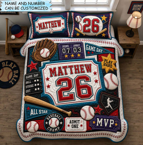 Personalized Baseball Champ 3-Piece Quilted Bedding Set QTCUZ GFTOHNL1457
