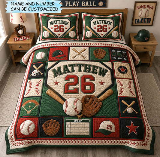 Personalized Baseball Lineup 3-Piece Quilted Bedding Set QTCUZ GFTOHNL1458