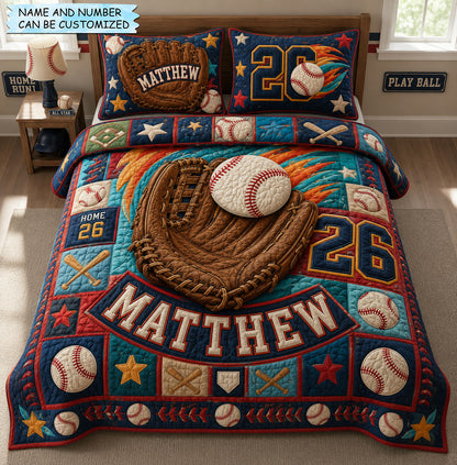 Personalized Baseball Glove Catch 3-Piece Quilted Bedding Set QTCUZ GFTOHNL1459