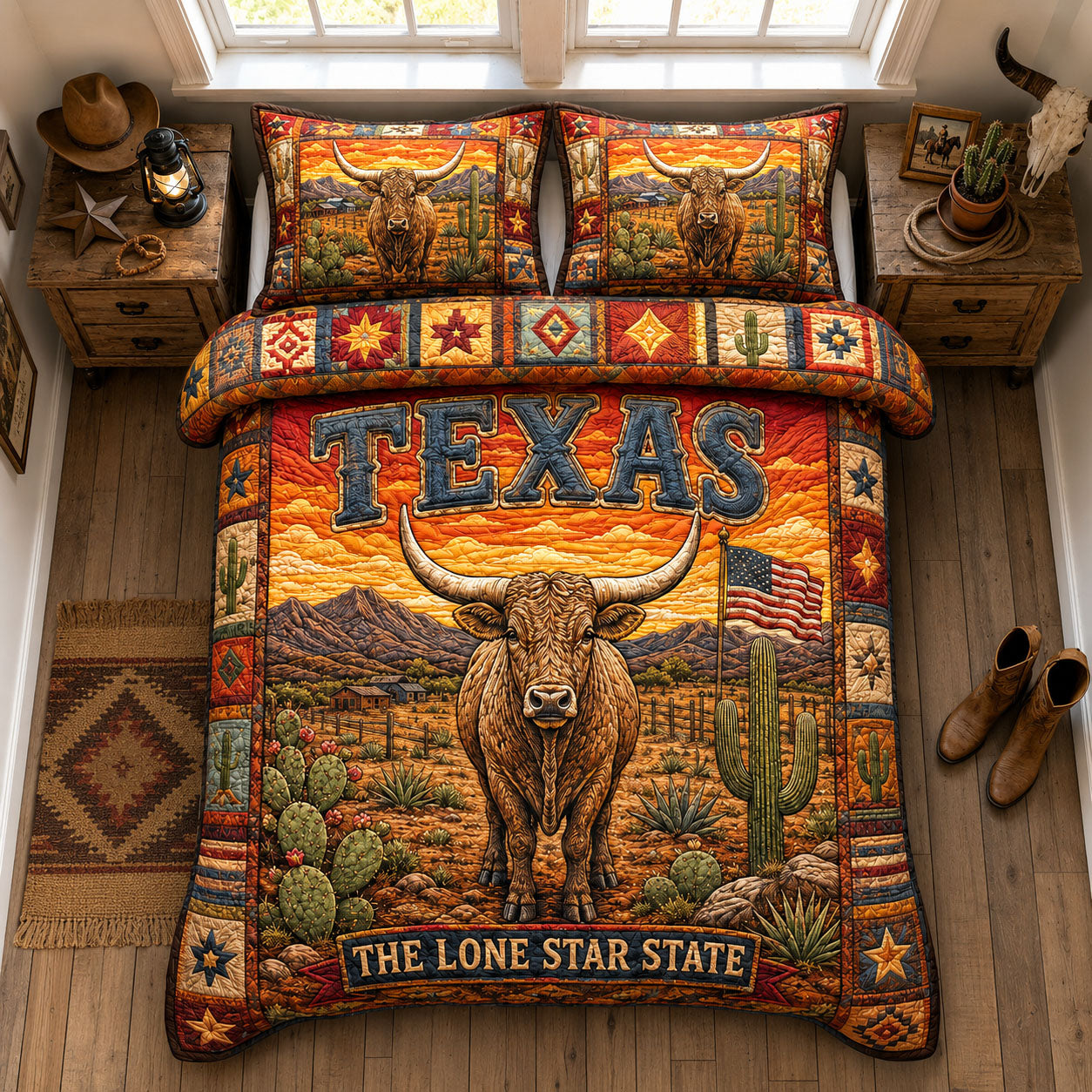 Texas Longhorn Desert 3-Piece Quilted Bedding Set  GFTOHNL1495