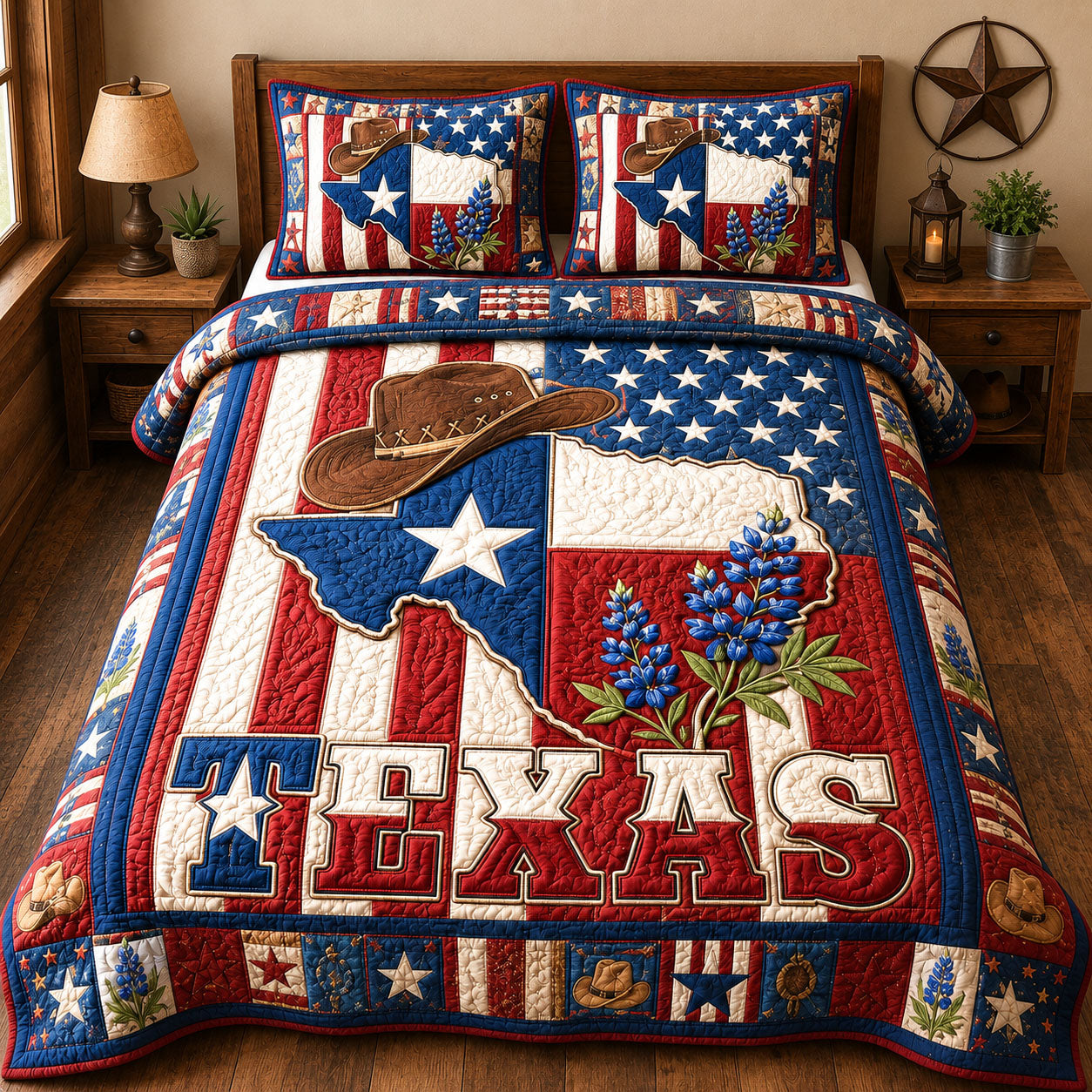Patriotic Texas Bluebonnet 3-Piece Quilted Bedding Set  GFTOHNL1496
