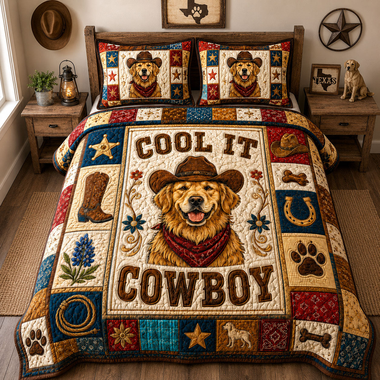 Golden Retriever Cool It Cowboy 3-Piece Quilted Bedding Set GFTOHNL1521