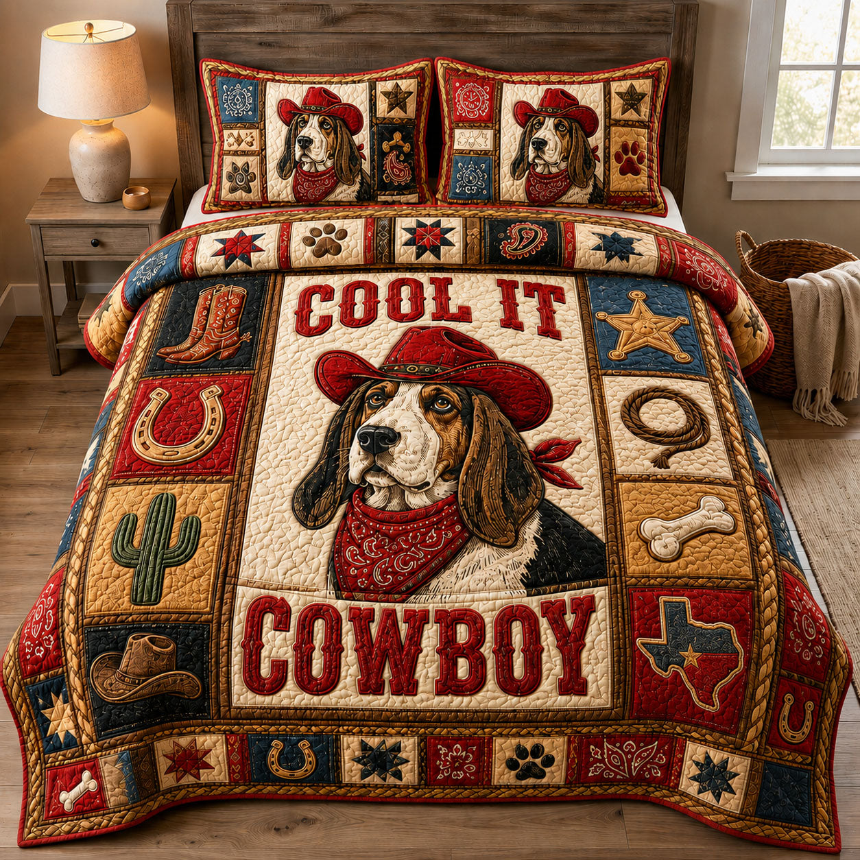 Basset Hound Red Hat Cowboy 3-Piece Quilted Bedding Set GFTOHNL1522