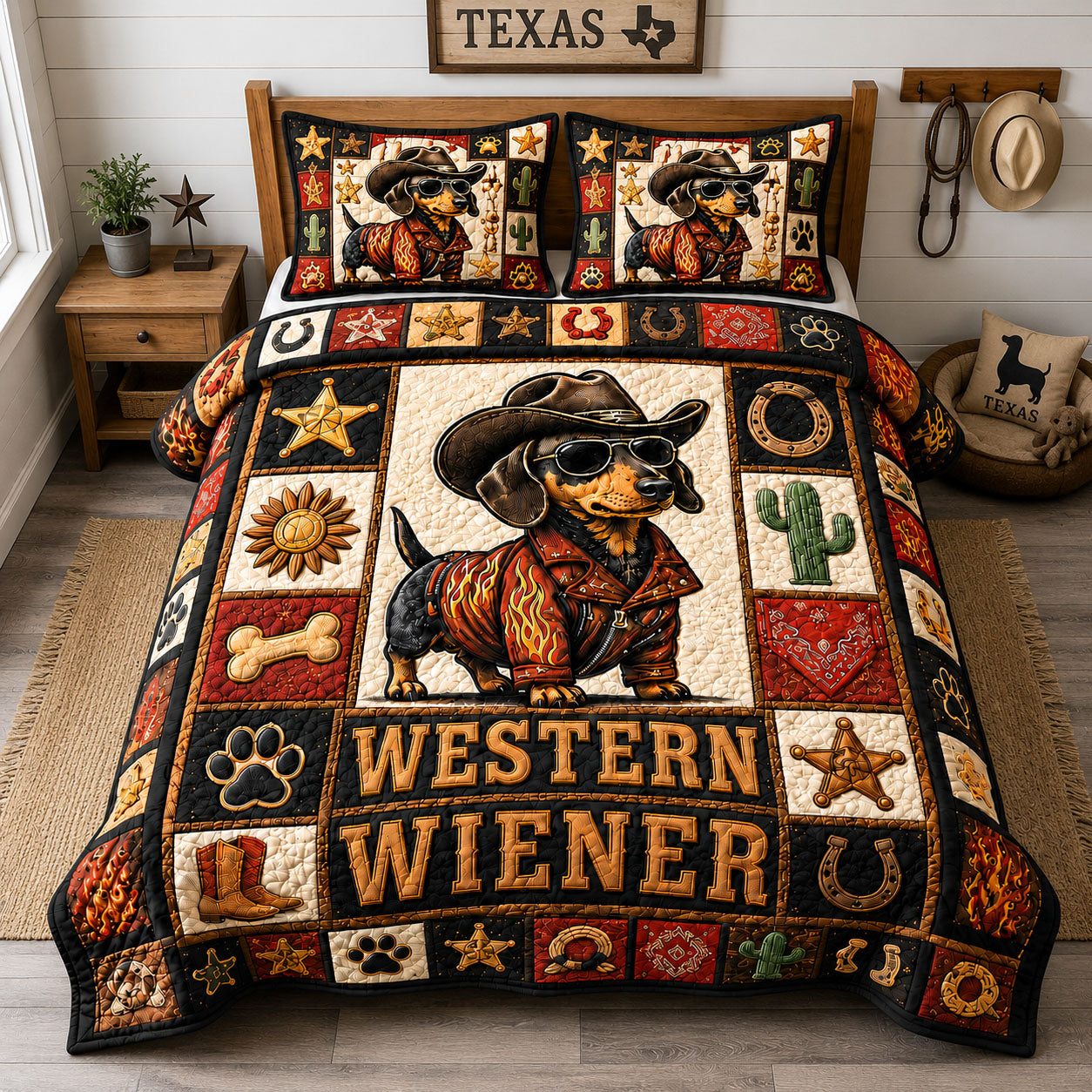 Dachshund Western Wiener 3-Piece Quilted Bedding Set GFTOHNL1524