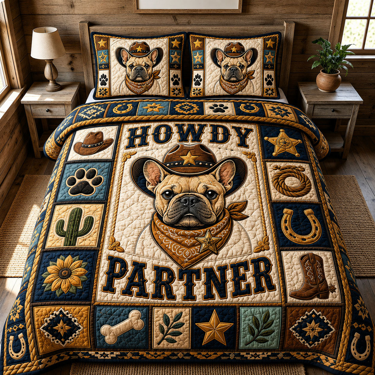 French Bulldog Howdy Partner Pup 3-Piece Quilted Bedding Set GFTOHNL1526