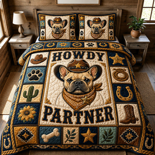 French Bulldog Howdy Partner Pup 3-Piece Quilted Bedding Set GFTOHNL1526