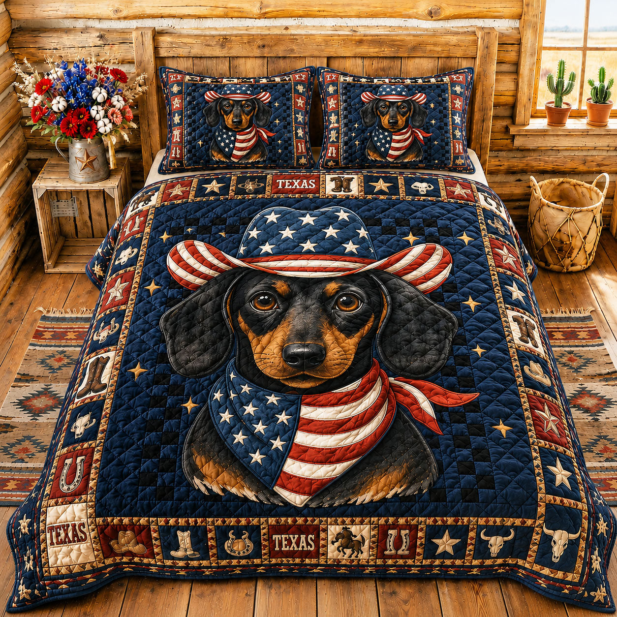 Texas Patriot Dachshund 3-Piece Quilted Bedding Set GFTOHNL156