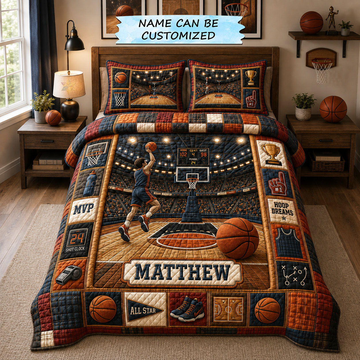 Personalized Basketball Hoop Dreams 3-Piece Quilted Bedding Set QTCUZ GFTOHNL1563