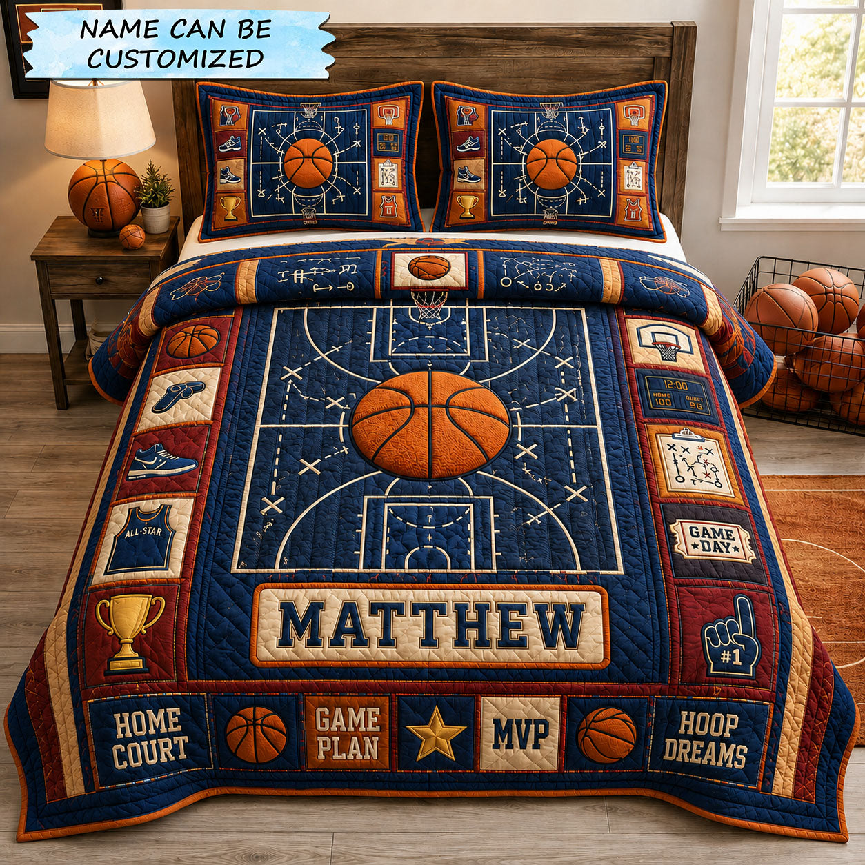 Personalized Basketball Home Court Game Plan 3-Piece Quilted Bedding Set QTCUZ GFTOHNL1564