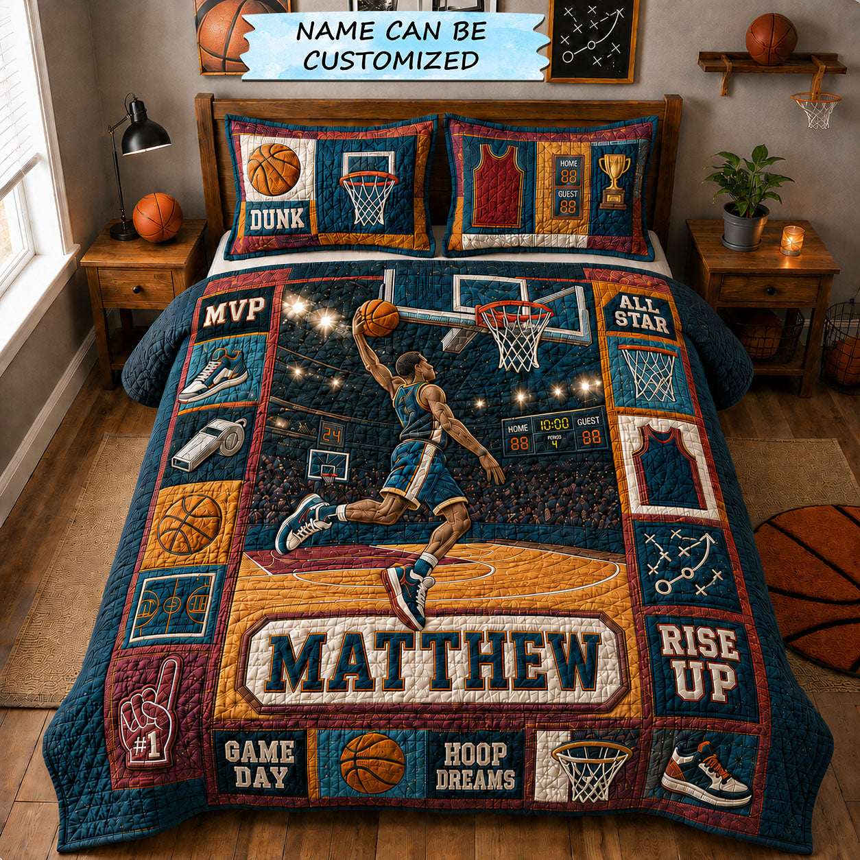 Personalized Basketball Rise Up 3-Piece Quilted Bedding Set QTCUZ GFTOHNL1565