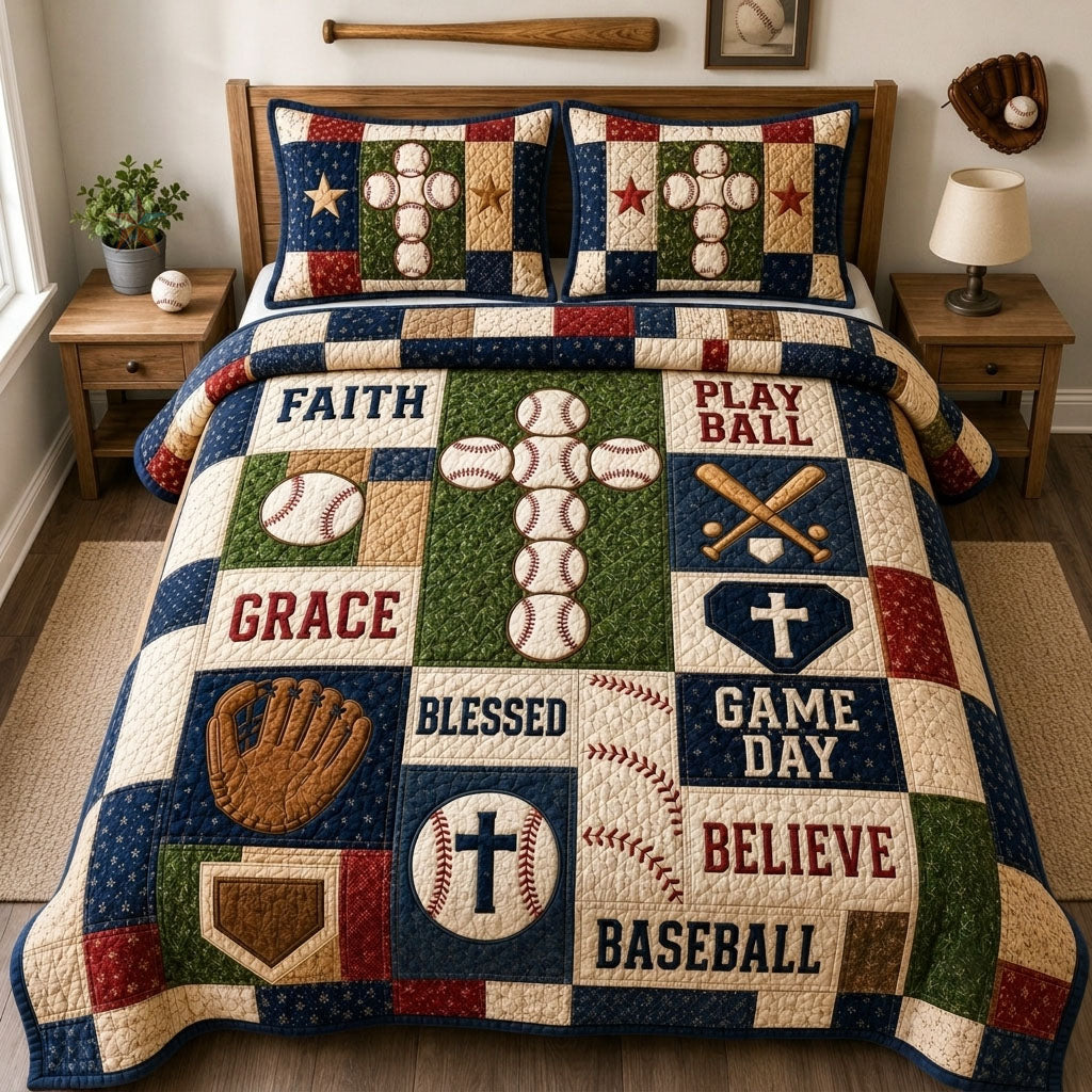 Baseball Faith Cross Patchwork 3-Piece Quilted Bedding Set GFTOHNL1598