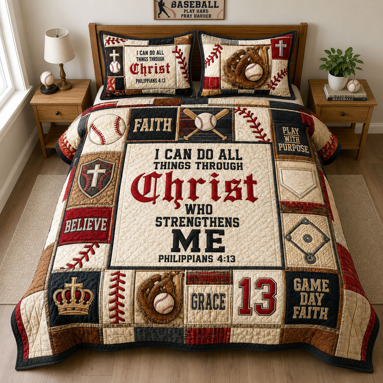 Christ Strengthens Me Baseball Faith 3-Piece Quilted Bedding Set GFTOHNL1600