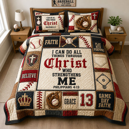 Christ Strengthens Me Baseball Faith 3-Piece Quilted Bedding Set GFTOHNL1600