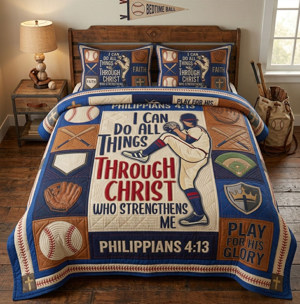 Philippians 4 13 Baseball Player Faith 3-Piece Quilted Bedding Set GFTOHNL1601