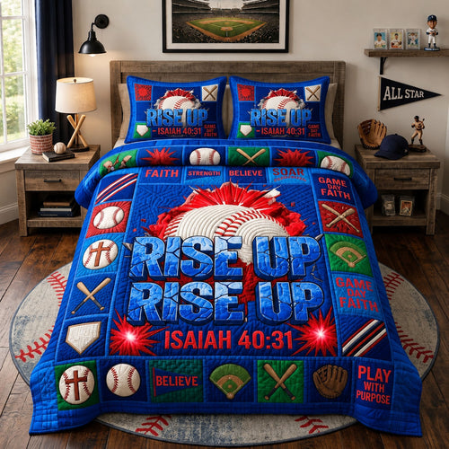 Rise Up Isaiah 40 31 Baseball Faith 3-Piece Quilted Bedding Set GFTOHNL1603