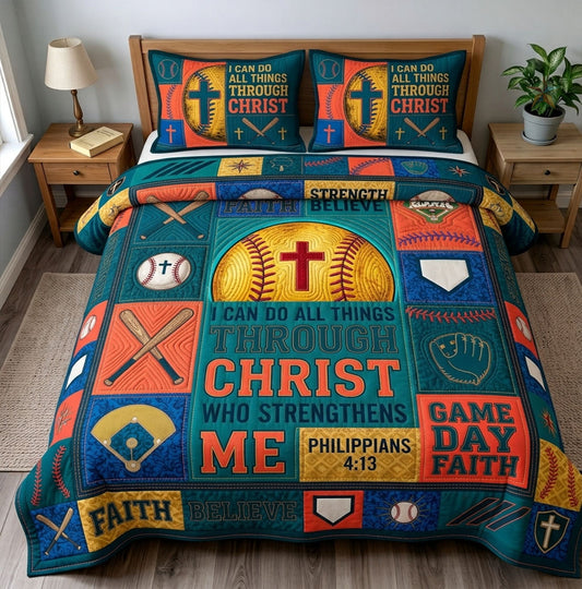 I Can Do All Things Through Christ Baseball 3-Piece Quilted Bedding Set GFTOHNL1604