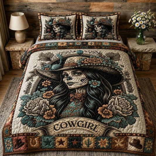 Western Sugar Skull Cowgirl 3-Piece Quilted Bedding Set GFTOHNL163