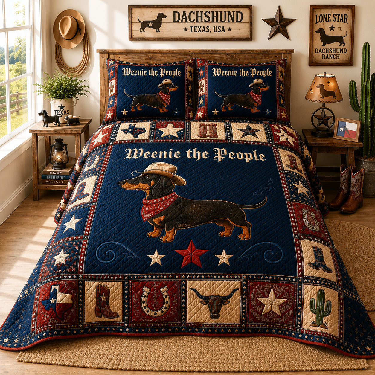 Weenie The People Cowboy Dachshund 3-Piece Quilted Bedding Set GFTOHNL165