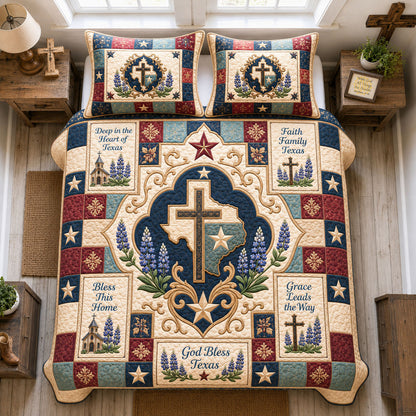 God Bless Texas Cross Medallion 3-Piece Quilted Bedding Set GFTOHNL1653