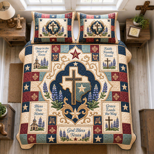 God Bless Texas Cross Medallion 3-Piece Quilted Bedding Set GFTOHNL1653