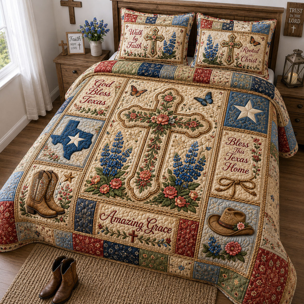 Amazing Grace Texas Floral Cross 3-Piece Quilted Bedding Set GFTOHNL1654