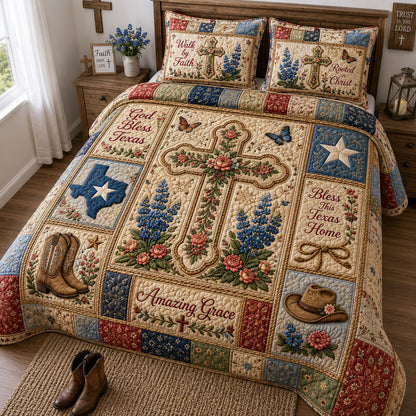 Amazing Grace Texas Floral Cross 3-Piece Quilted Bedding Set GFTOHNL1654