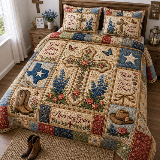 Amazing Grace Texas Floral Cross 3-Piece Quilted Bedding Set GFTOHNL1654