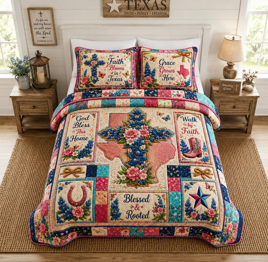 Faith Blooms In Texas Patchwork 3-Piece Quilted Bedding Set GFTOHNL1656